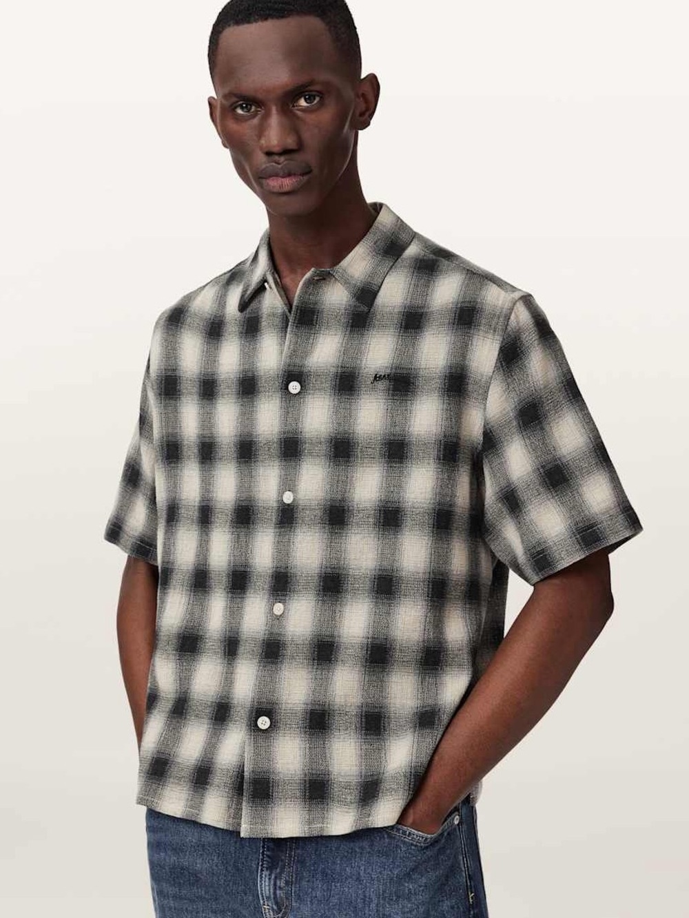 AllSaints Shadow Short Sleeve Boxy Check Shirt Plaid Button-Down Size L street